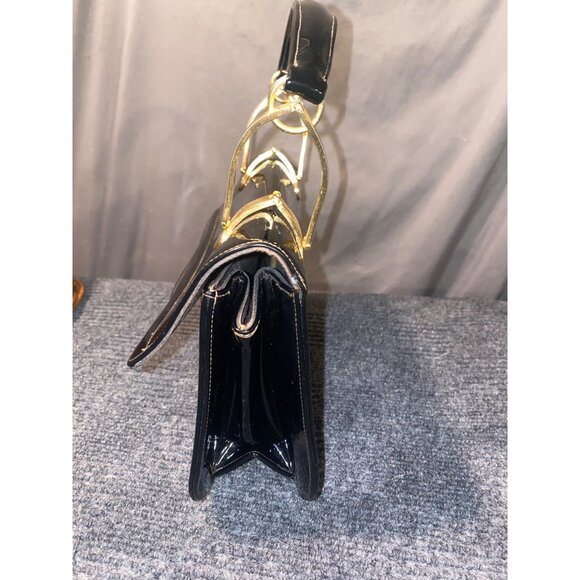 Vintage Black Patent Leather Handbag  Gold Tone Handle Hardware Classic USA - Picture 11 of 16